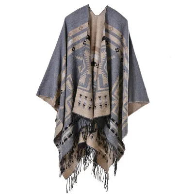 Women Fashion Cross Plum Blossom Tassel Thickened Cashmere Ethnic Style Split Shawl Scarf