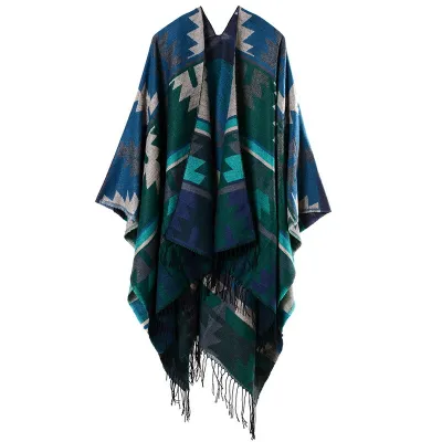 Women Fashion Cross Plum Blossom Tassel Thickened Cashmere Ethnic Style Split Shawl Scarf