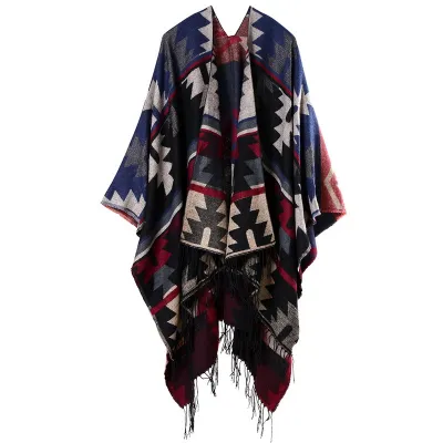 Women Fashion Cross Plum Blossom Tassel Thickened Cashmere Ethnic Style Split Shawl Scarf