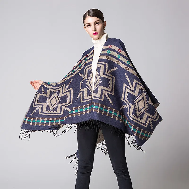 Women Fashion Cross Plum Blossom Tassel Thickened Cashmere Ethnic Style Split Shawl Scarf