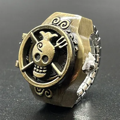 Unisex Fashion Retro Skull Flap Mini Ring Watch Stainless Steel Leisure