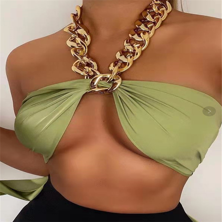 イエローチェーンショルダートップ SEXY Wholesale Women Fashion Sexy Chain Halter Neck Lace Up