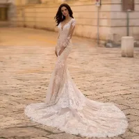Women Fashion Elegant Lace Deep-V Neck Long-Sleeve Wedding Evening Dress