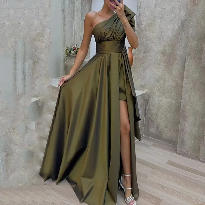 Women Elegant Solid Color Oblique Shoulder Slant Slit Party Evening Dress