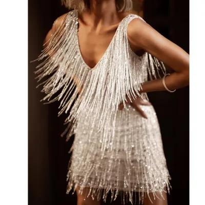 Women Sexy Party Tassel Sequin Sleeveless Evening Dress