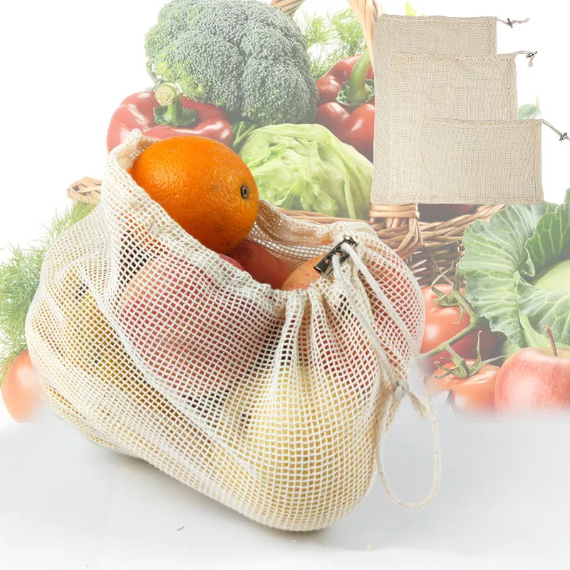 Reusable Vegetable Fruit Cotton Drawstring Mesh Bag 3 Sizes