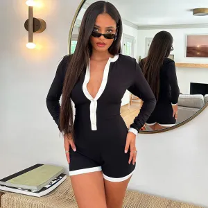 Women Fashion Color Block Stitching Long Sleeve Rompers