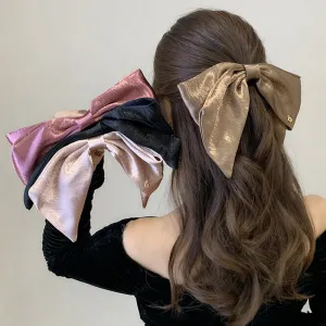 Women Fashion Solid Color Bright Silk Forging Double Layer Big Bow Hairpin