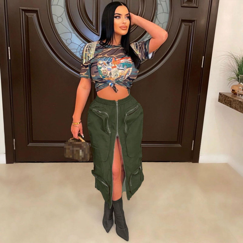 Wholesale Women Fashion Sexy Zipper Split Multi-Pocket Cargo