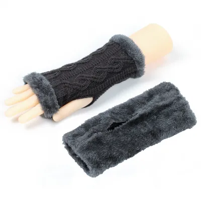 Autumn And Winter Women Fashion Plush Diamond Knitted Thickened Half Finger Gloves