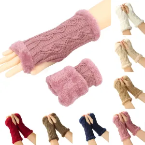 Autumn And Winter Women Fashion Plush Diamond Knitted Thickened Half Finger Gloves