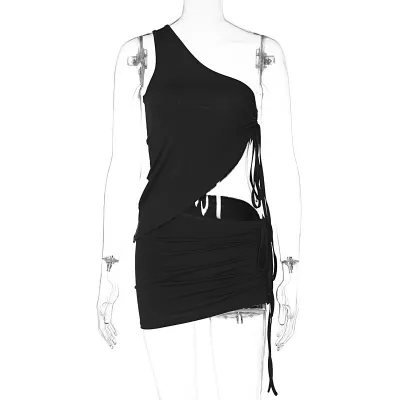 Women Fashion Sexy Drawstring Top Creased Skirt Two-Piece Set