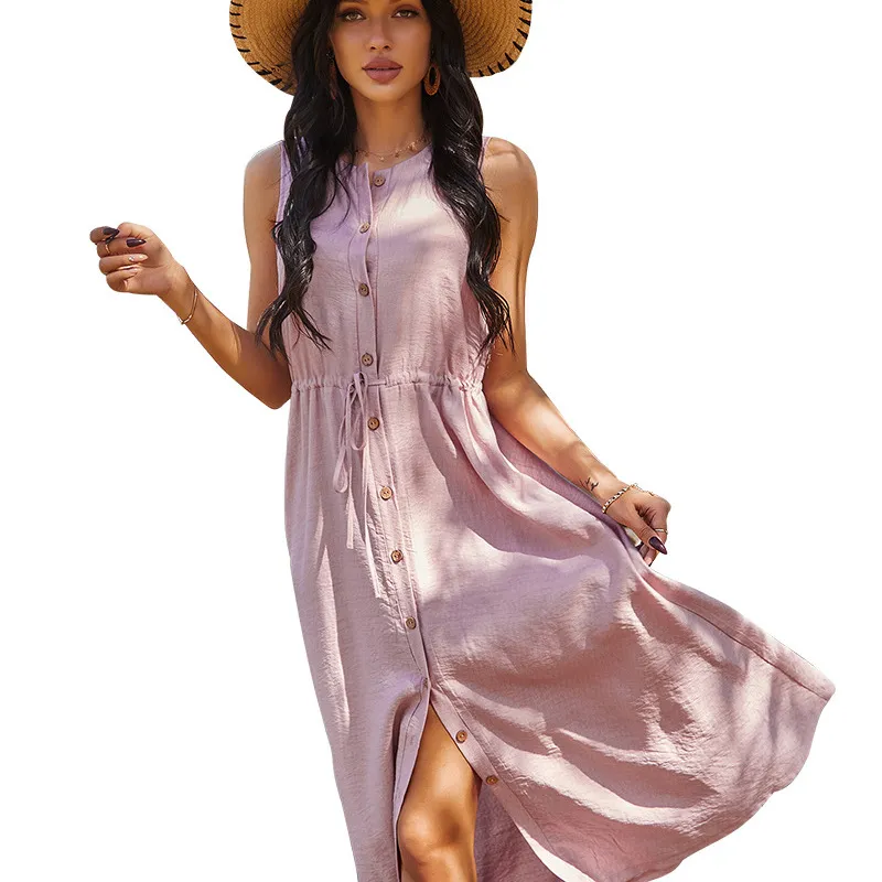Wholesale Clearance Sale Fashion Women Casual Summer Vacation Sleeveless  Solid Dress