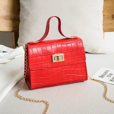 Women Fashion Crocodile Pattern Flap Lock Square Chain Crossbody Bag