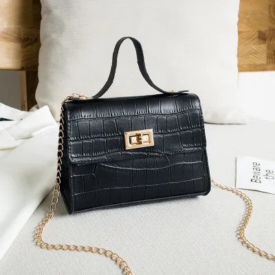 Women Fashion Crocodile Pattern Flap Lock Square Chain Crossbody Bag