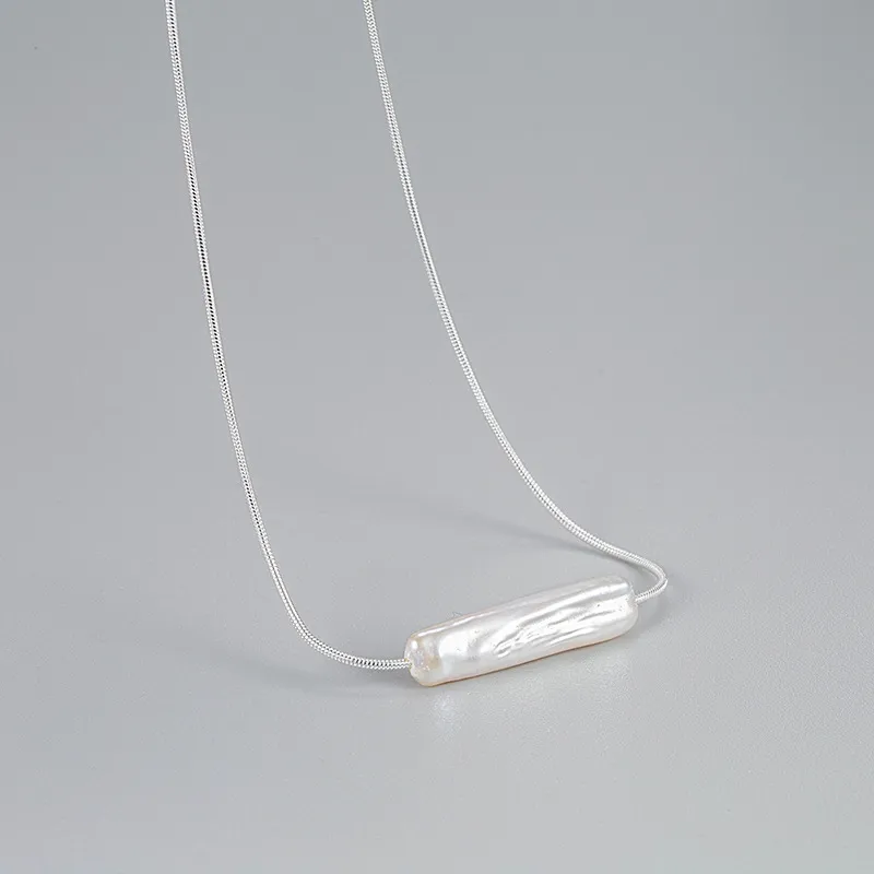 Women's Fashion Sterling Silver Natural Pearl Baroque Small Strip Necklace