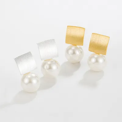 Women Fashion Sterling Silver Geometric Square Pearl Frosted Earrings
