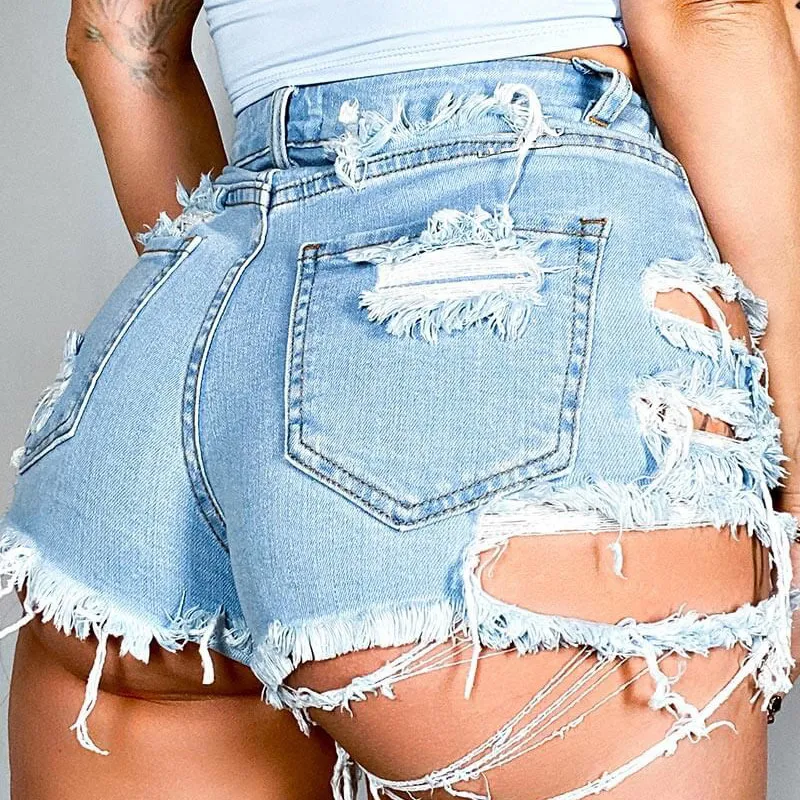 Women's Denim High Waist Irregular Ripped Shorts - Street Hipster Style