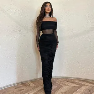 Women Sexy Long-Sleeved Pleated Off-Shoulder Maxi Dress