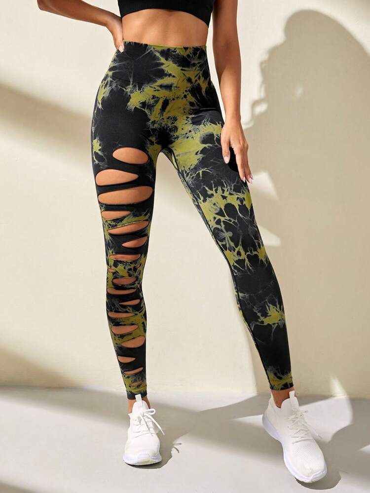 Wholesale Fashion Women Sports Yoga High Waist Tie Dye Print Ripped Hollow  Leggings Pants