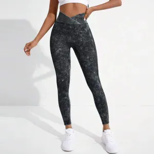 Fashion Women Tie Dye Print Cross-Waisted Tight Sports Pants Yoga Leggings