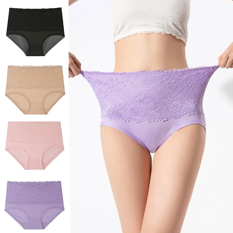 Women Plus Size Breathable Lace High Waist Briefs Underwear