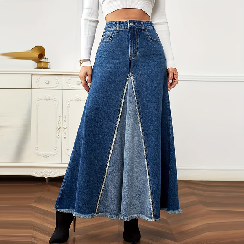 Wholesale Women Fashion Large Swing Stitching Denim Skirt