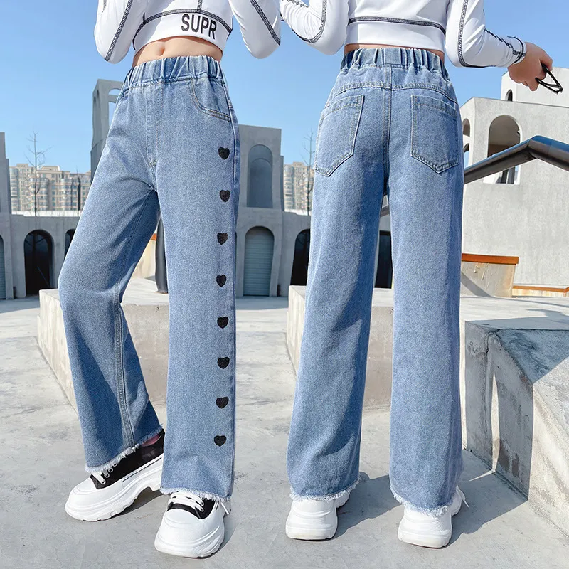 Kids Teen Girl Fashion Heart Print Cotton Blend Jeans