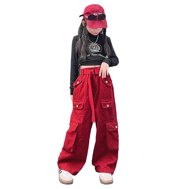 Mareya Trade - Fashion girls cargo pants 2020 kids clothing girls 8 to 12  spring kids loose cotton solid color pocket pants 3-12yrs
