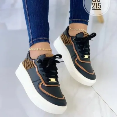 Women Fashion Plus Size Leopard Thick-Soled Lace-Up Round-Toe Sneakers