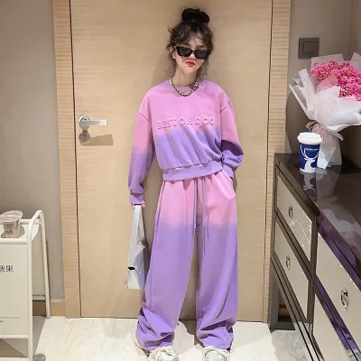 Kids Teen Girl's Casual Gradient Color Letter Embossed Sports Sweat Two-Piece Set