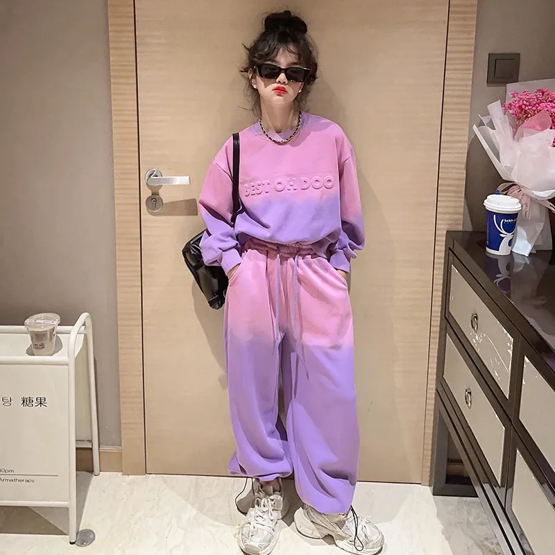 Kids Teen Girl's Casual Gradient Color Letter Embossed Sports Sweat Two-Piece Set