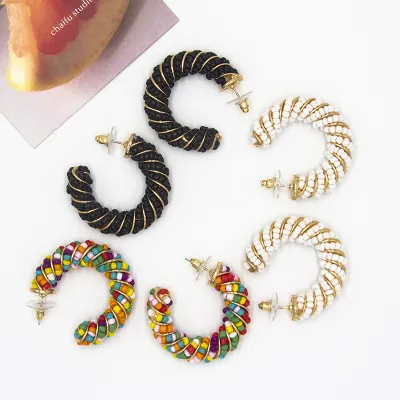 Women Fashion Bohemian Alloy Rice Beads C- Shaped Earrings
