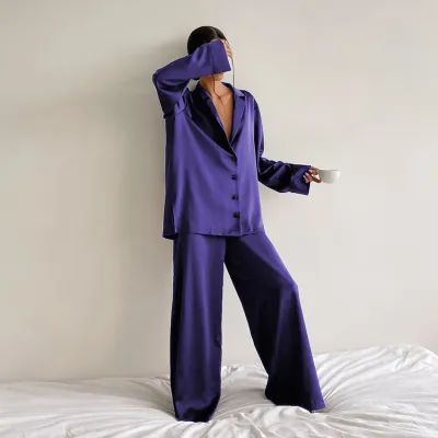 Autumn Winter Women Long-Sleeved Solid Satin Two-Piece Pajamas Set