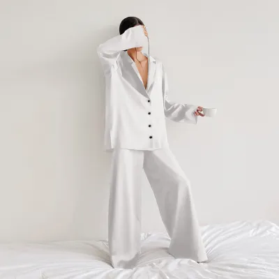Autumn Winter Women Long-Sleeved Solid Satin Two-Piece Pajamas Set