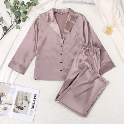 Autumn Winter Women Long-Sleeved Solid Satin Two-Piece Pajamas Set