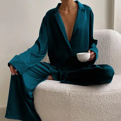 Autumn Winter Women Long-Sleeved Solid Satin Two-Piece Pajamas Set