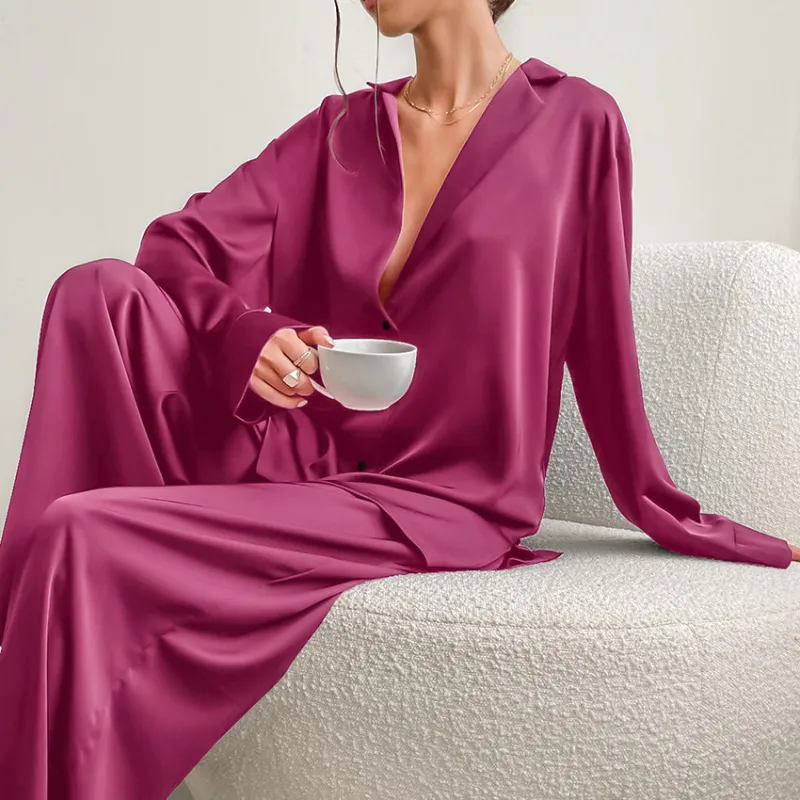 Autumn Winter Women Long-Sleeved Solid Satin Two-Piece Pajamas Set
