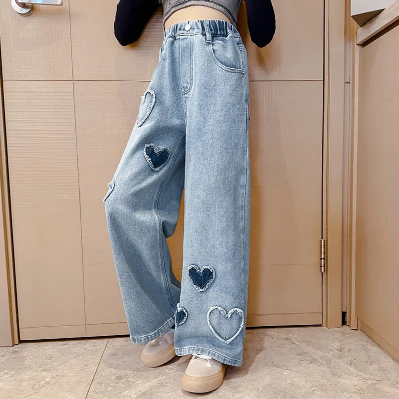 Kids Teen Toddler Big Girls Spring Autumn Fashion Casual Heart Printed Straight Wide Leg Mid-Waist Jeans