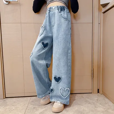 Kids Teen Toddler Big Girls Spring Autumn Fashion Casual Heart Printed Straight Wide Leg Mid-Waist Jeans