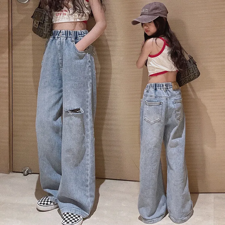 Kids Teen Toddler Big Girls Spring Autumn Fashion Casual Straight Ripped Wide Leg Jeans