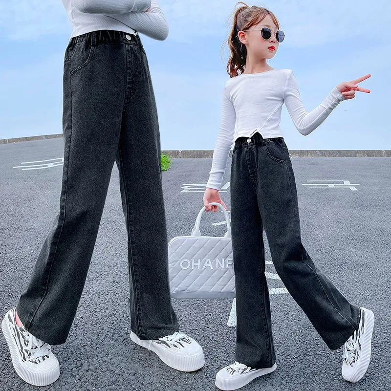 Girls Loose Jeans High Waist Straight Wide Legs Pants Kids Streetwear 