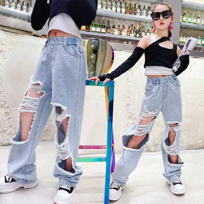 Kids Teen Toddler Big Girls Spring Autumn Fashion Casual Straight Ripped Denim Jeans