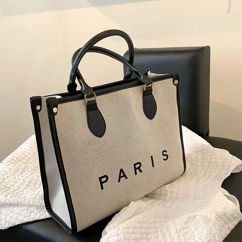 Women Fashion Letter Large Capacity Canvas Tote Bag with Zipper Closure