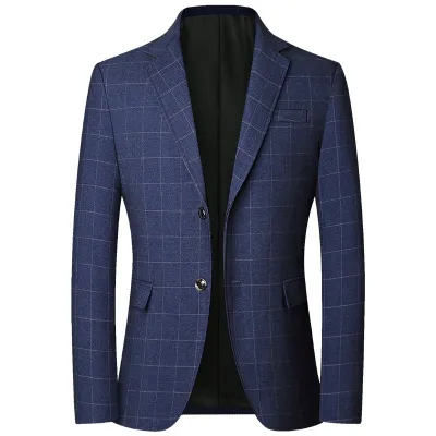Men Spring Autumn Light Business Plaid Suit Coat Long Sleeve Multi-Pocket