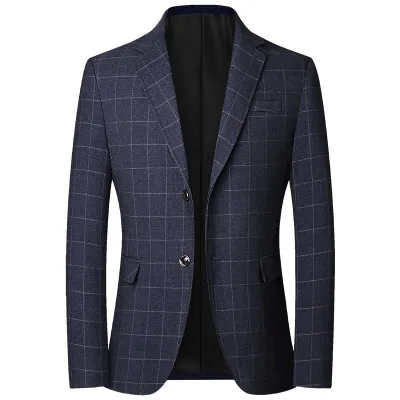 Men Spring Autumn Light Business Plaid Suit Coat Long Sleeve Multi-Pocket