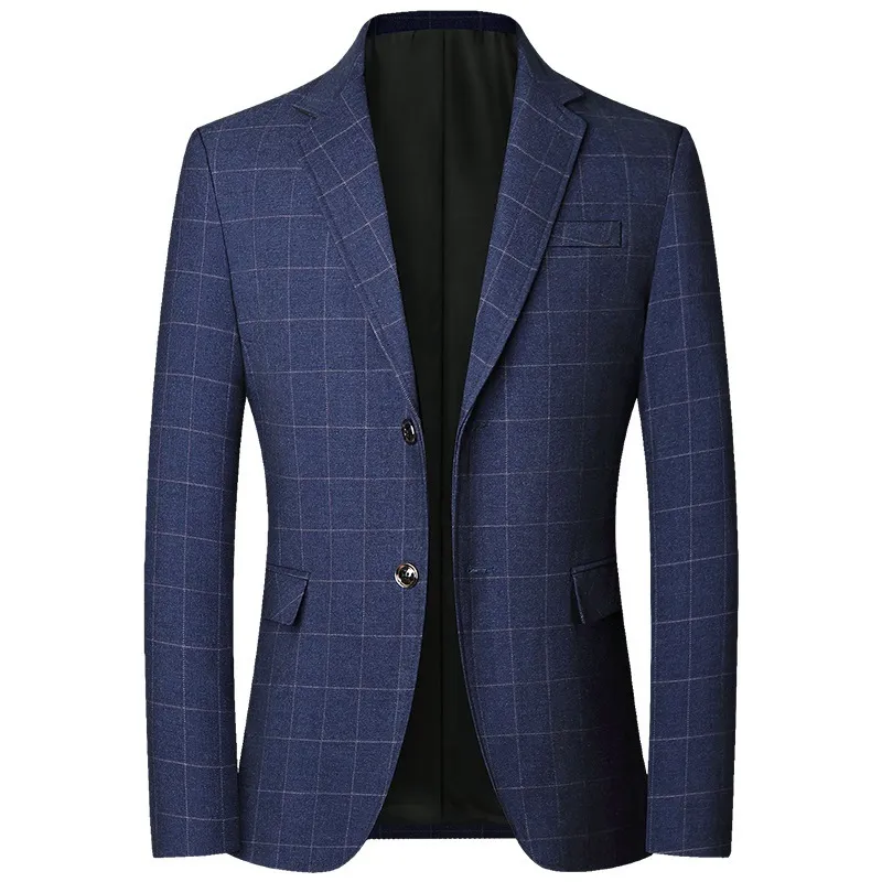 Men Spring Autumn Light Business Plaid Suit Coat Long Sleeve Multi-Pocket