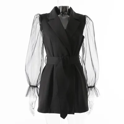 Women Fashion Sexy Perspective Mesh Long Sleeve Dress Double-Breasted Tight Waist A-Line Skirt