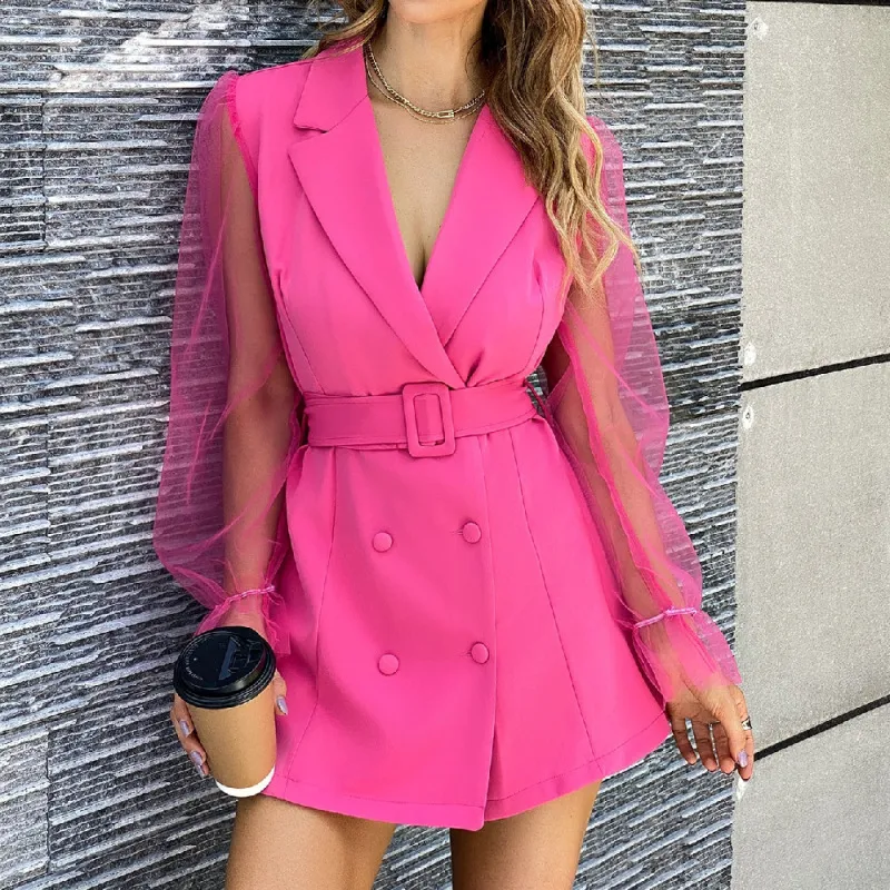 Women Fashion Sexy Perspective Mesh Long Sleeve Dress Double-Breasted Tight Waist A-Line Skirt