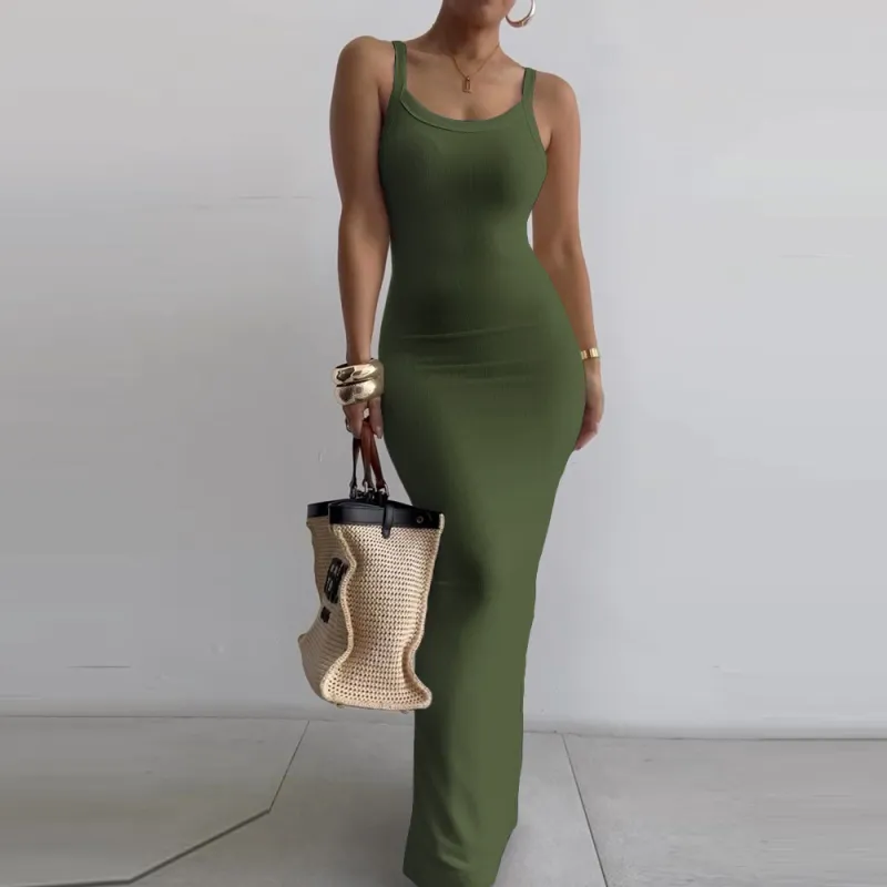 Women Sexy Skinny Sling Maxi Dress Urban Wind Solid Color